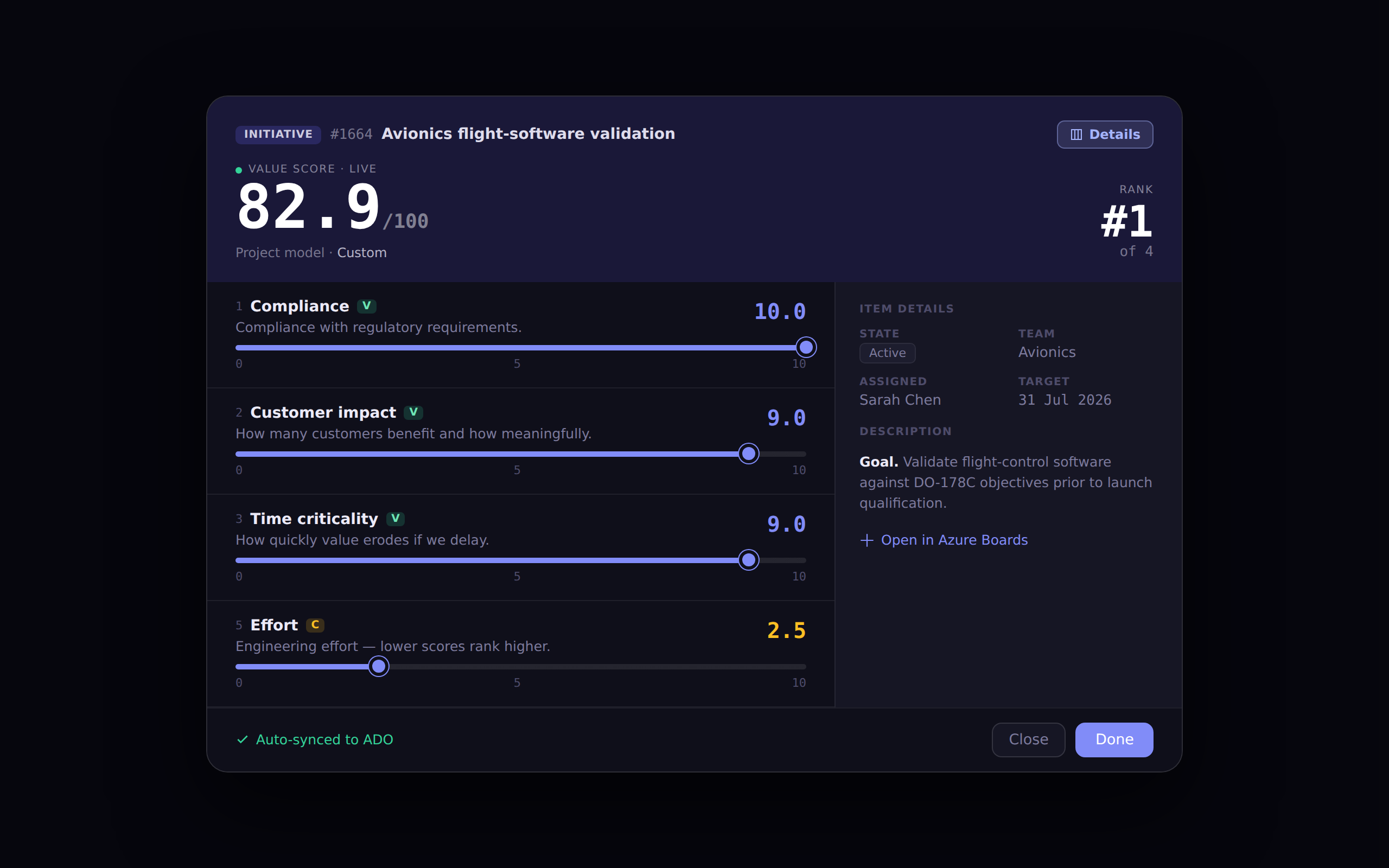 Score modal — sliders, live score, rank, and item details